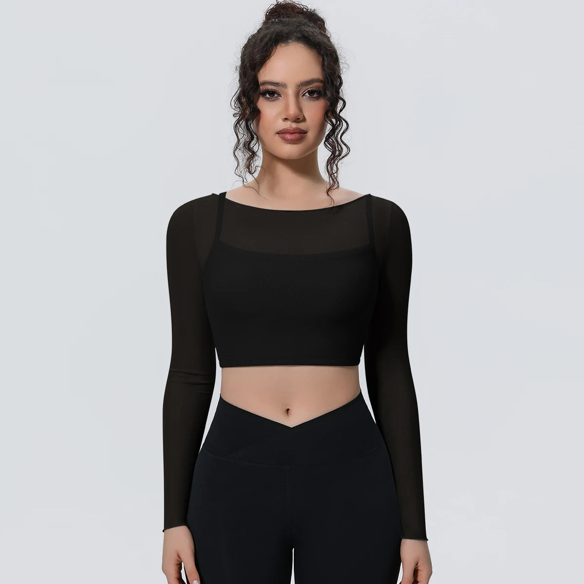 Woman Sports Yoga Long Sleeves Workout Top Solid Color False Two-piece Mesh Running Shirts with Chest Pad Summer Long Sleeves