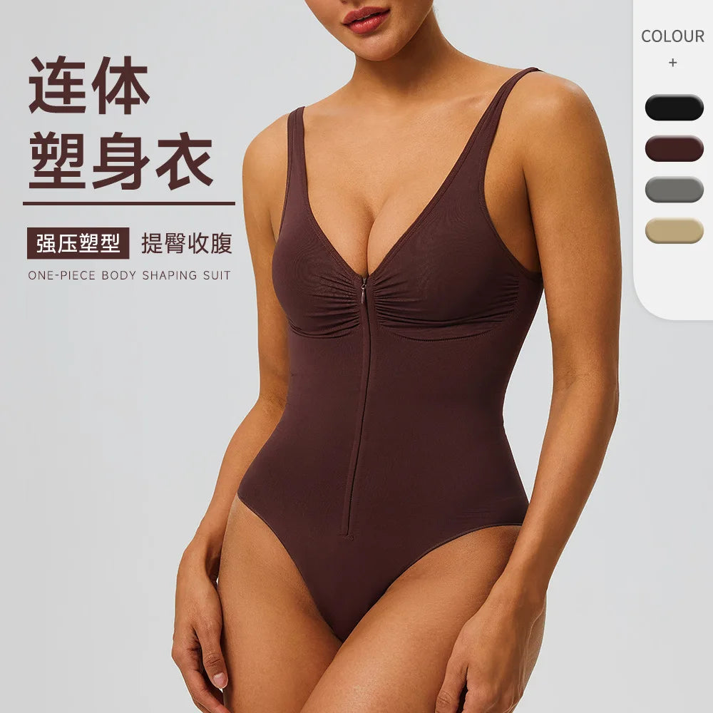 Seamless Shapewear Bodysuit – Tummy Control Compression One-Piece with Zipper & Adjustable Straps