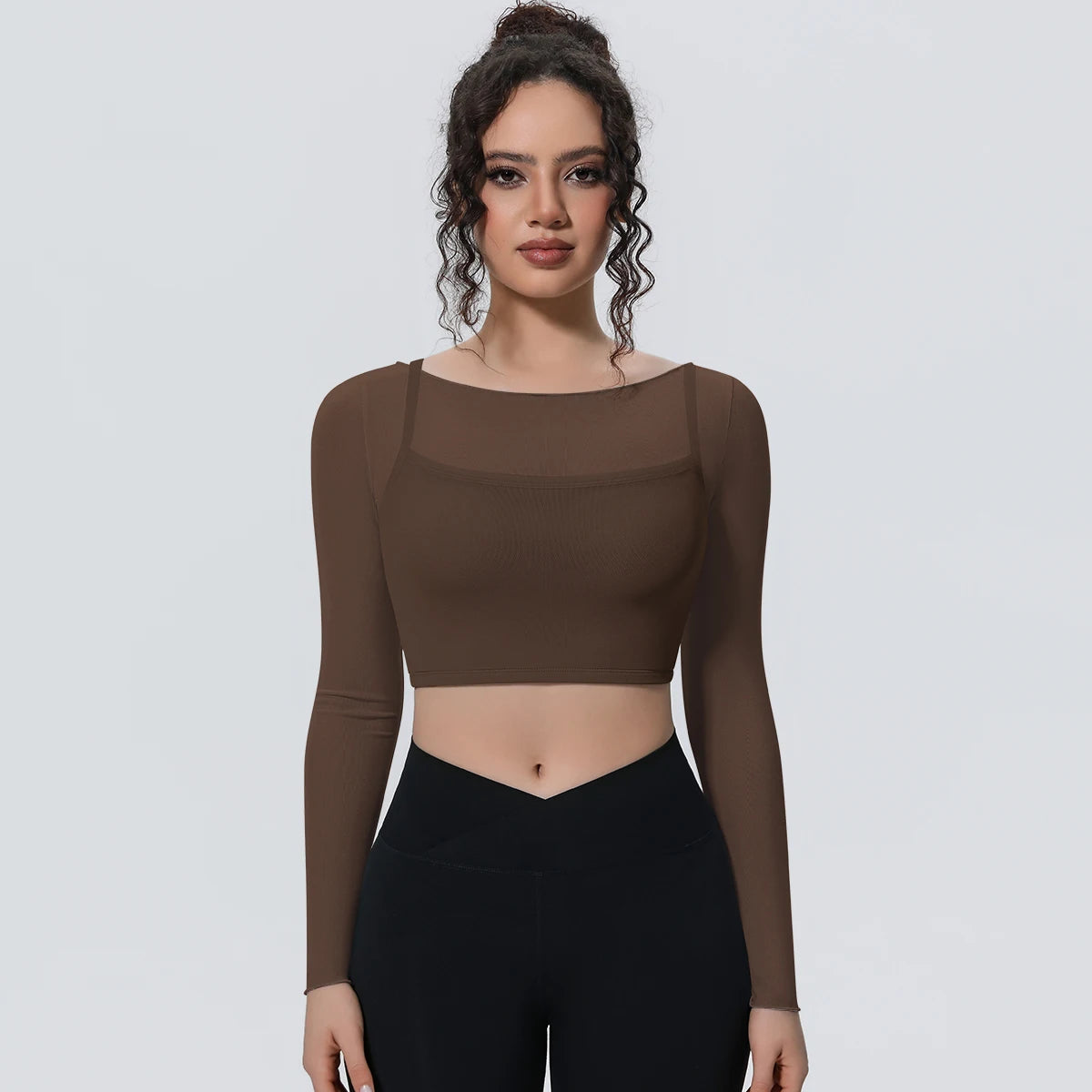 Woman Sports Yoga Long Sleeves Workout Top Solid Color False Two-piece Mesh Running Shirts with Chest Pad Summer Long Sleeves