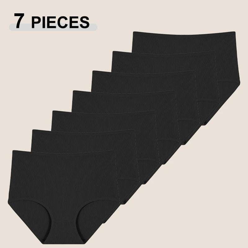 7Pcs Women’s Cotton Panties Solid Color Mid-Waist Briefs High Stretch Breathable Underwear S-2XL