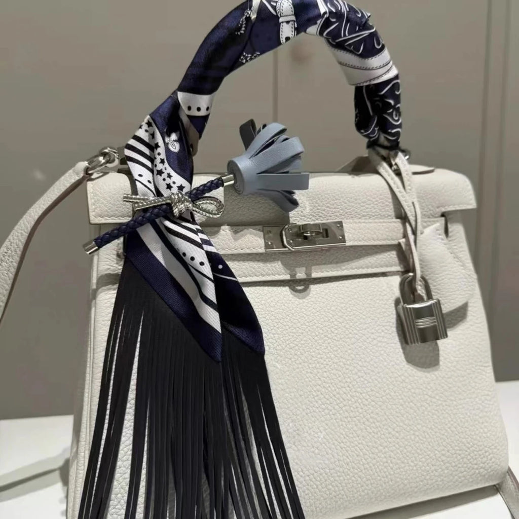 Women's Satin Silk Feel Twilly Fringe Scarf – Tassel Print Scarf Ribbon, Bag Handle Wrap & Neck Scarf