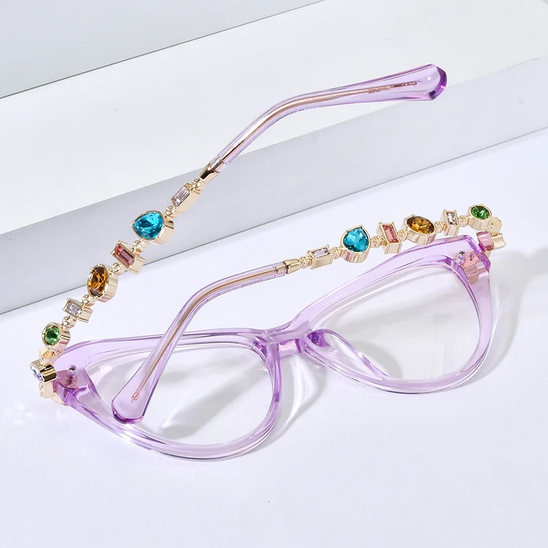 Cat Eye Diamond Eyeglasses Frame – Acetate Metal Luxury Style Fashion Glasses for Women