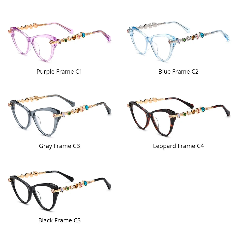 Cat Eye Diamond Eyeglasses Frame – Acetate Metal Luxury Style Fashion Glasses for Women