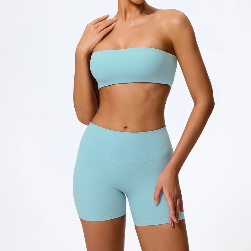 Summer 2-Piece Women’s Workout Set – Strapless Sports Bra & High Waist Yoga Shorts, Gym Fitness Outfit