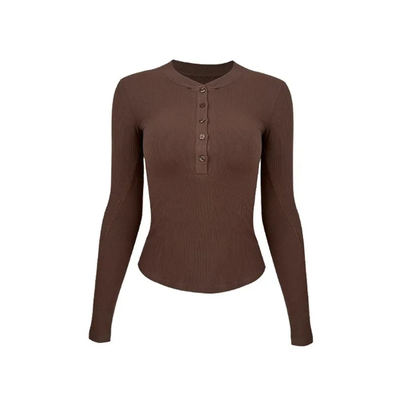 Women’s Henley Sports Top – Long Sleeve Yoga & Running Training Shirt, Stretch Fitness Activewear