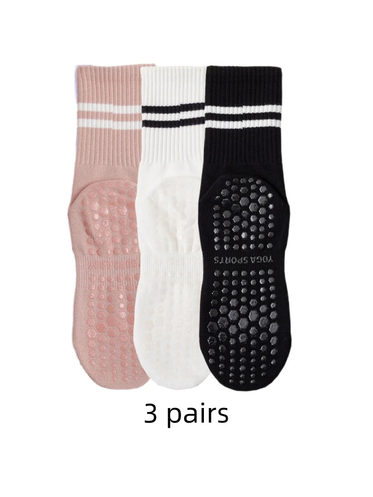 3 Pairs Women’s Anti Slip Pilates Yoga Socks Cotton Grip Fitness Sports Socks