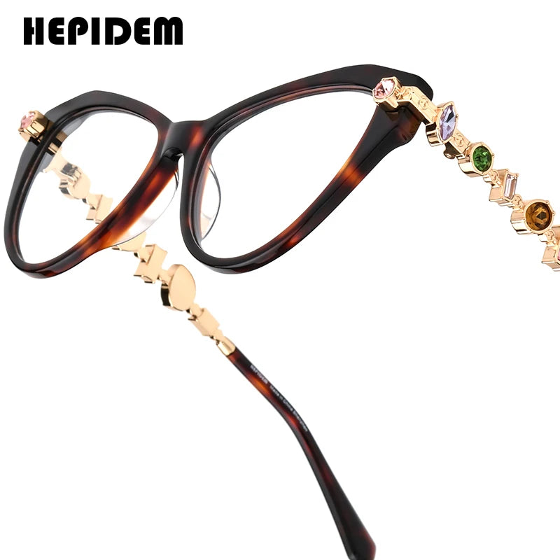 Cat Eye Diamond Eyeglasses Frame – Acetate Metal Luxury Style Fashion Glasses for Women