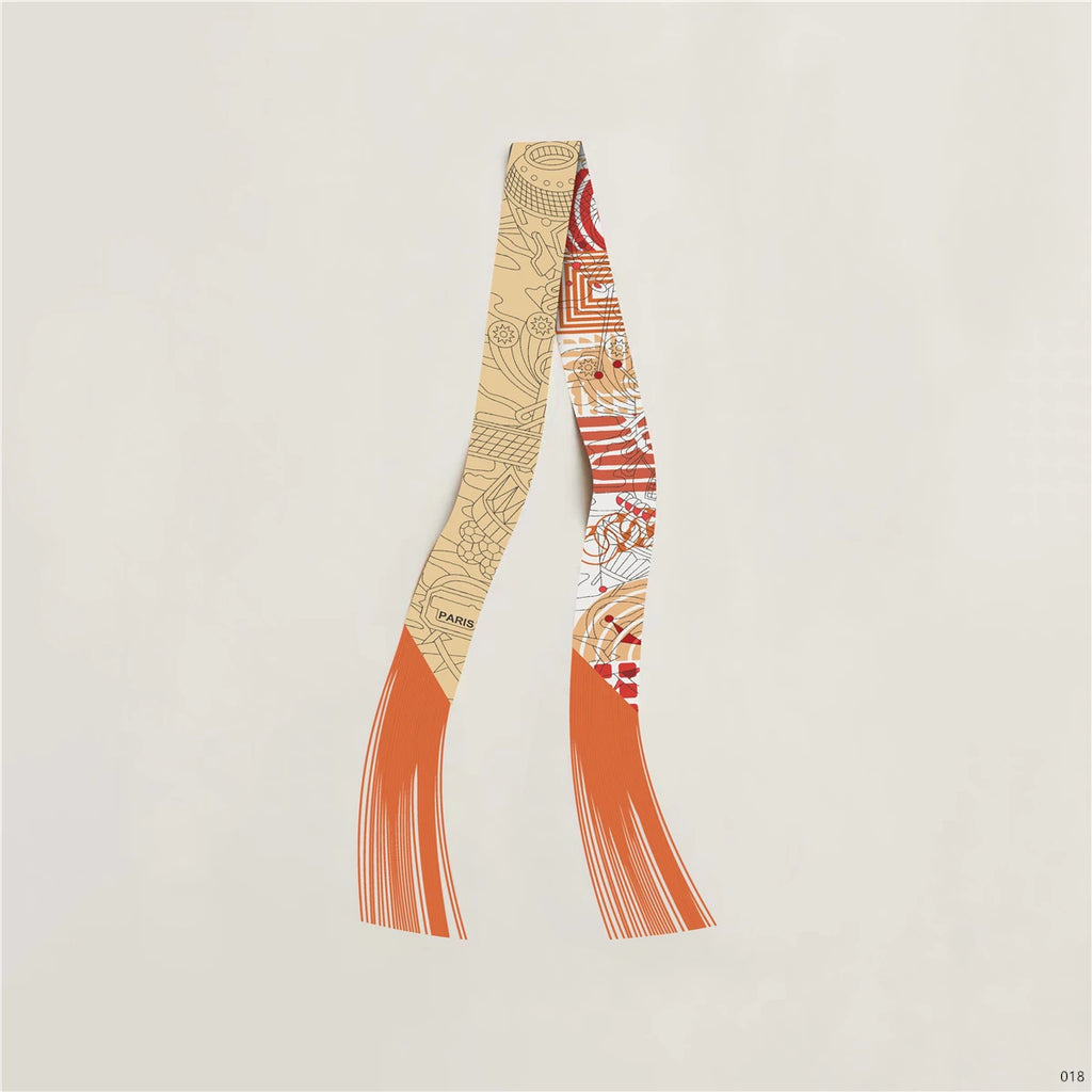 Women's Satin Silk Feel Twilly Fringe Scarf – Tassel Print Scarf Ribbon, Bag Handle Wrap & Neck Scarf