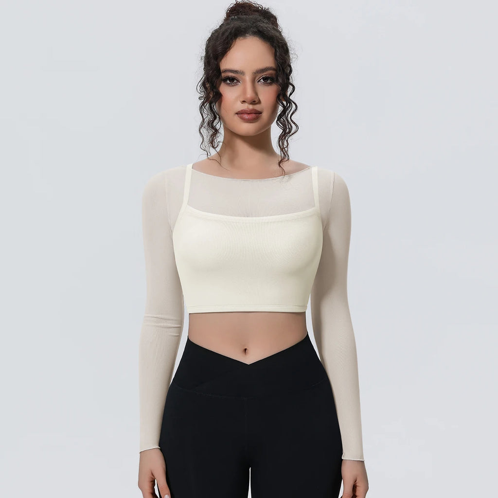 Woman Sports Yoga Long Sleeves Workout Top Solid Color False Two-piece Mesh Running Shirts with Chest Pad Summer Long Sleeves
