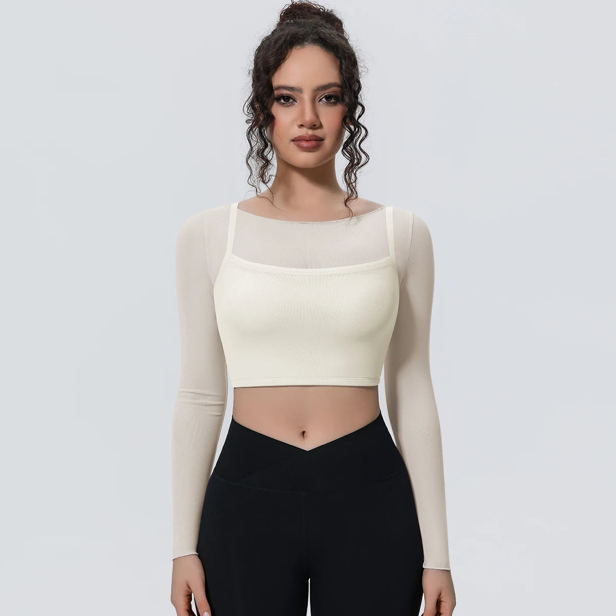 Woman Sports Yoga Long Sleeves Workout Top Solid Color False Two-piece Mesh Running Shirts with Chest Pad Summer Long Sleeves