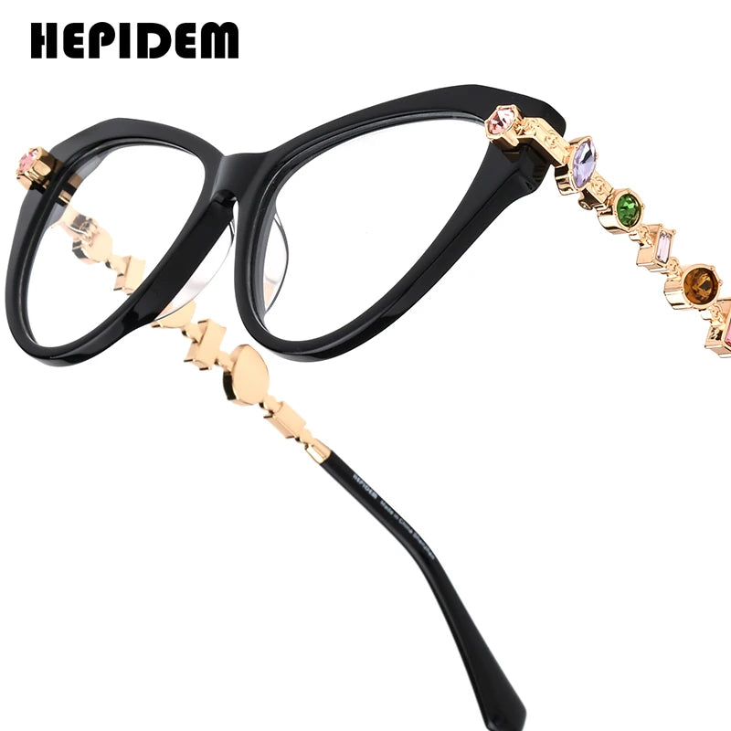 Cat Eye Diamond Eyeglasses Frame – Acetate Metal Luxury Style Fashion Glasses for Women