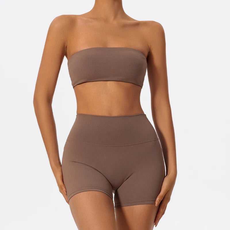 Summer 2-Piece Women’s Workout Set – Strapless Sports Bra & High Waist Yoga Shorts, Gym Fitness Outfit