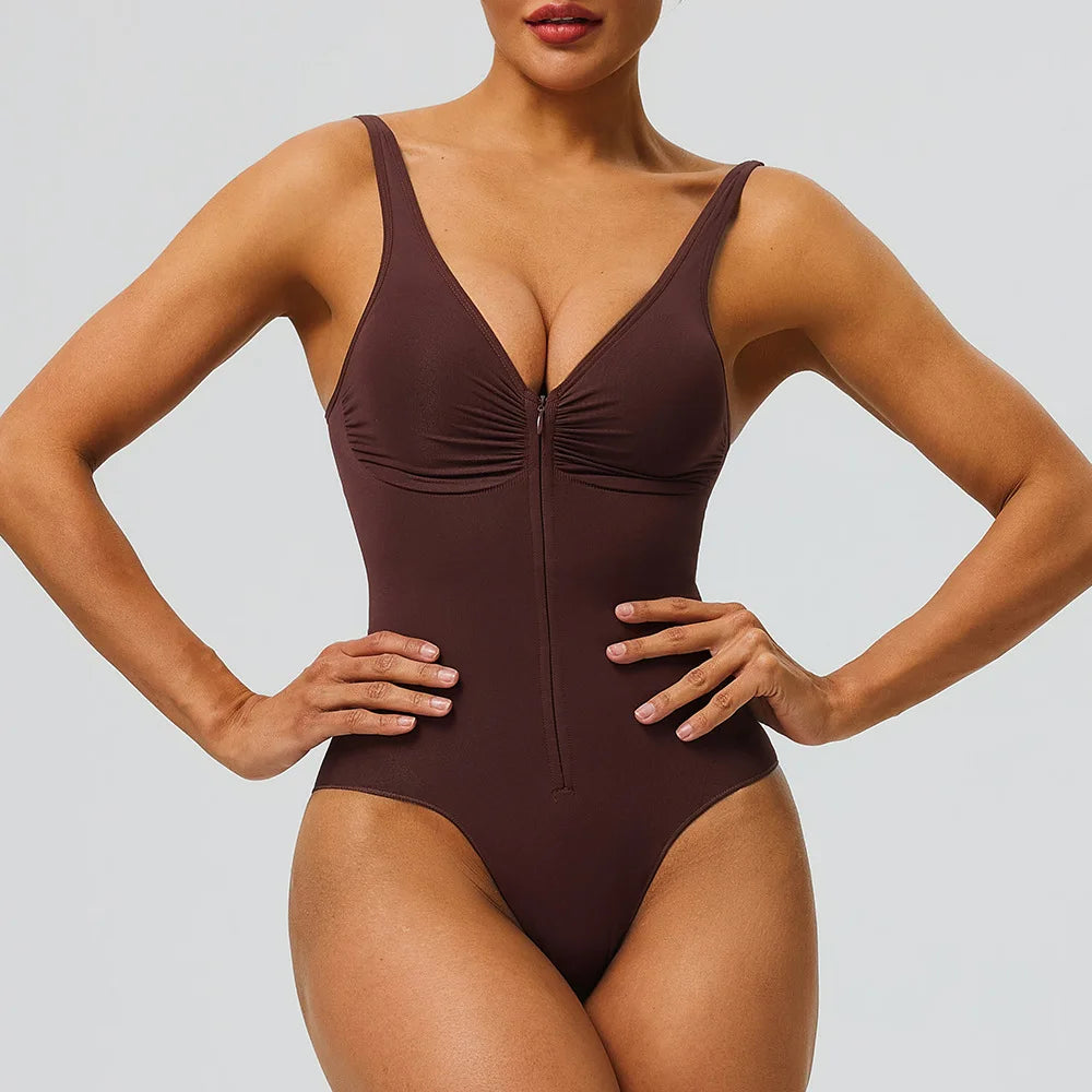 Seamless Shapewear Bodysuit – Tummy Control Compression One-Piece with Zipper & Adjustable Straps