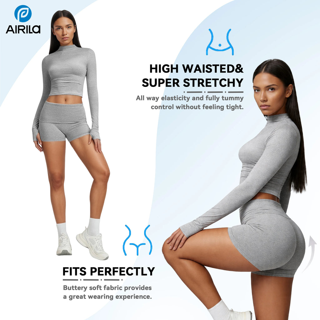 Airila Women's 2PCS Yoga Set Pilates Gym Sportswear seamless Crop Top Longsleeved Outfits Tracksuits Workout Running Jogging Casual FitnessSports Bra Leisure Athletic