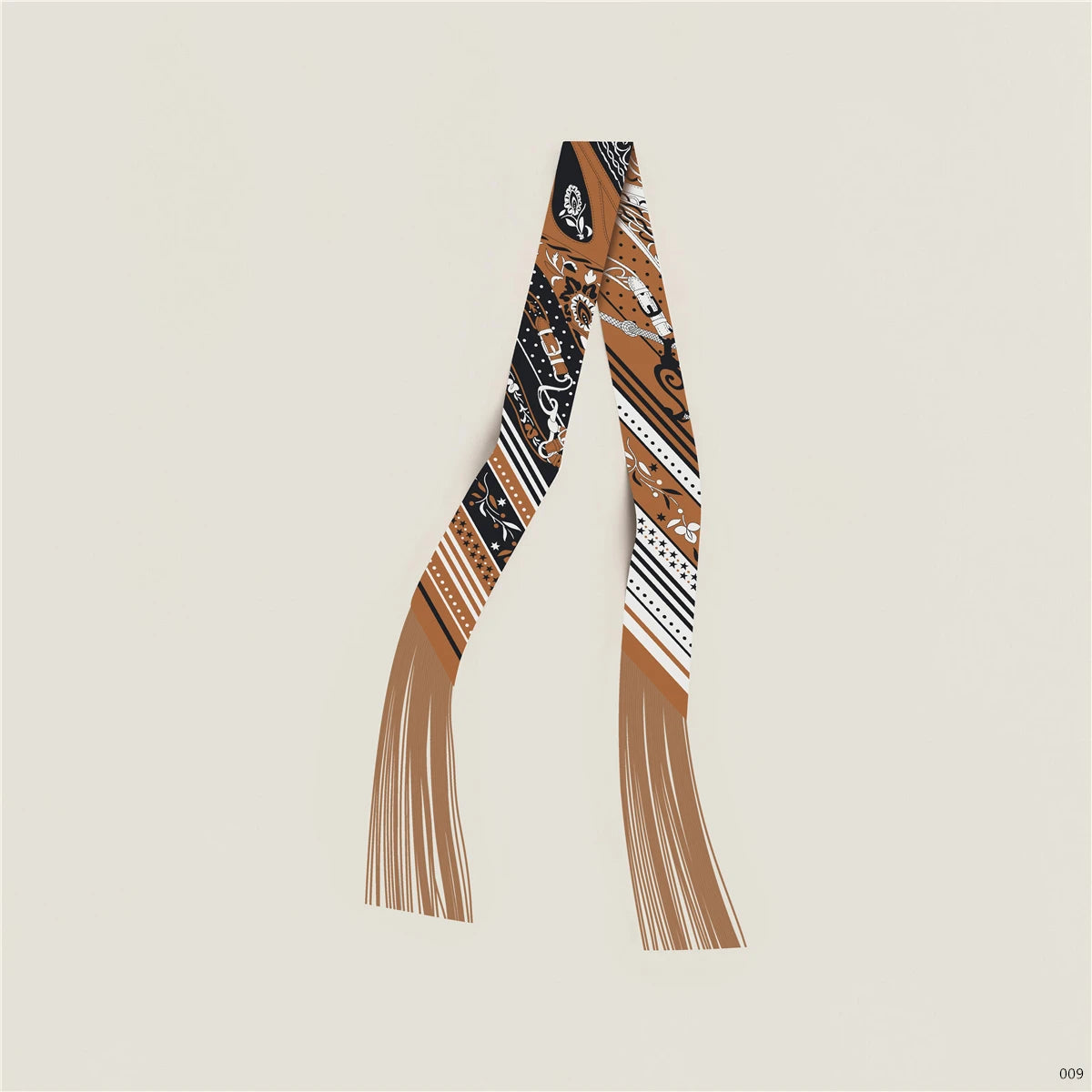 Women's Satin Silk Feel Twilly Fringe Scarf – Tassel Print Scarf Ribbon, Bag Handle Wrap & Neck Scarf