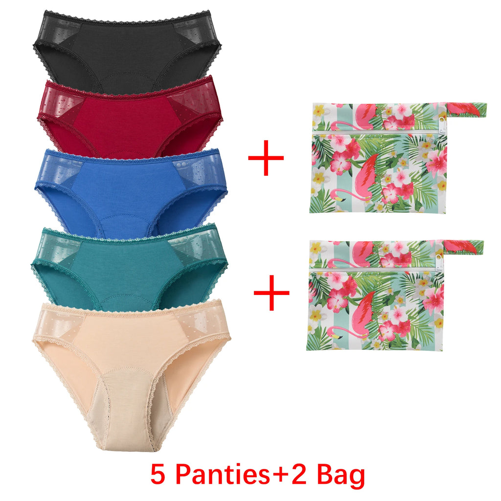5Panties with 2Bag Sexy Lace Leakproof Menstrual Panties New Breathable Fast Absorbent Underwear Women Menstrual Briefs lingerie