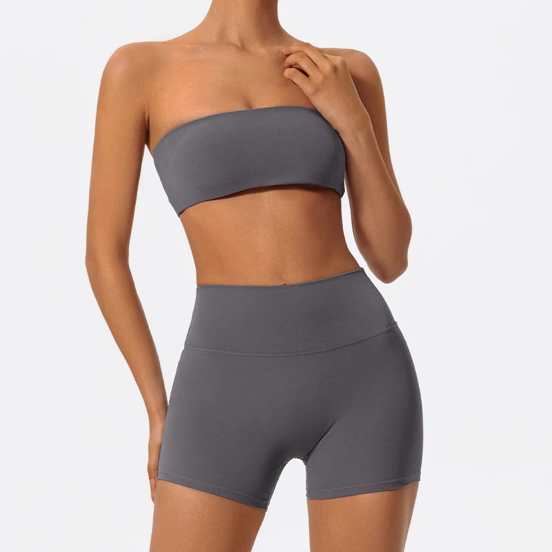 Summer 2-Piece Women’s Workout Set – Strapless Sports Bra & High Waist Yoga Shorts, Gym Fitness Outfit