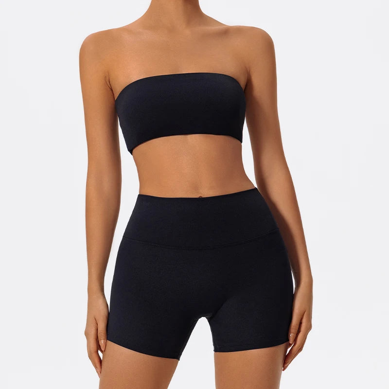 Summer 2-Piece Women’s Workout Set – Strapless Sports Bra & High Waist Yoga Shorts, Gym Fitness Outfit