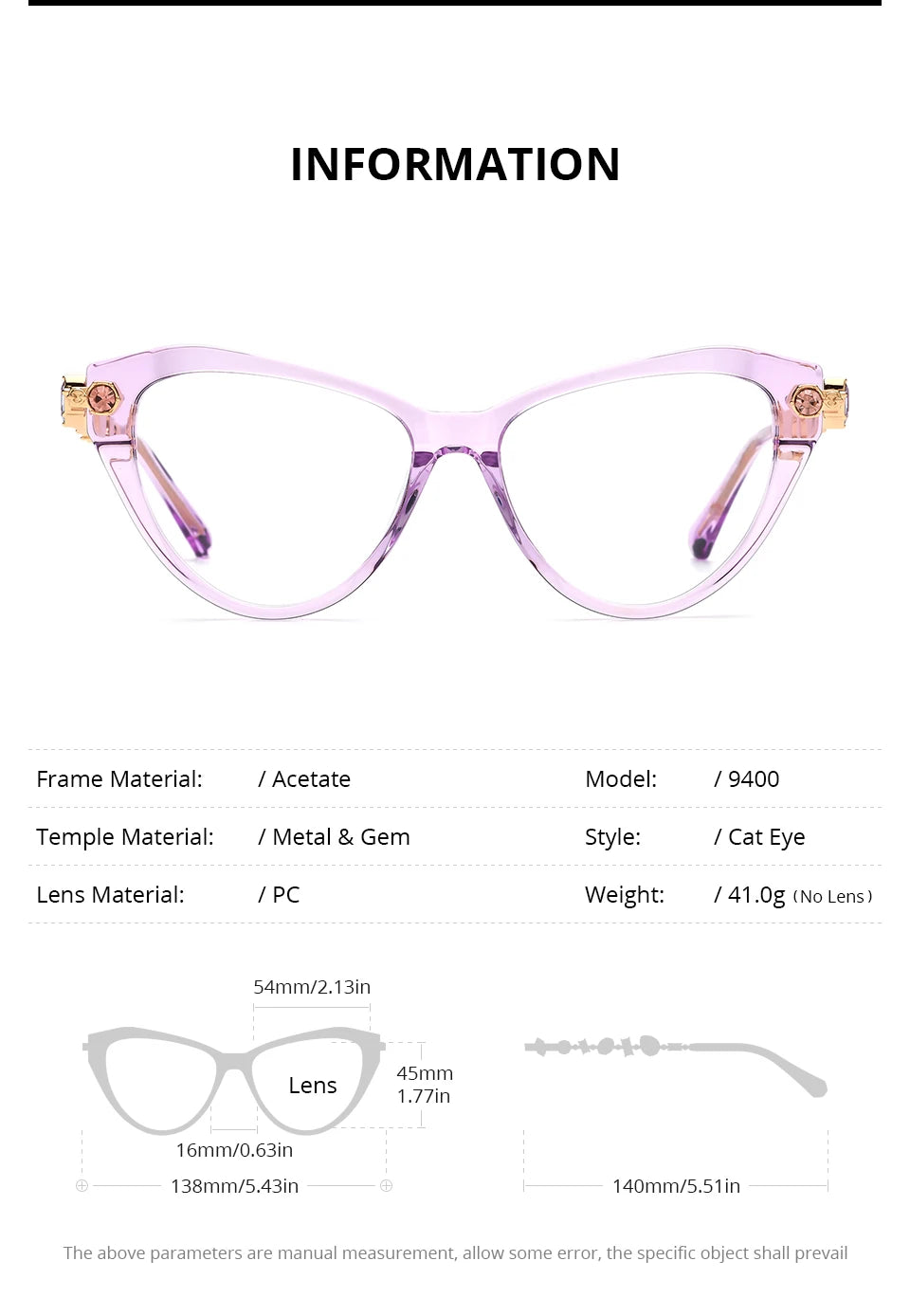 Cat Eye Diamond Eyeglasses Frame – Acetate Metal Luxury Style Fashion Glasses for Women