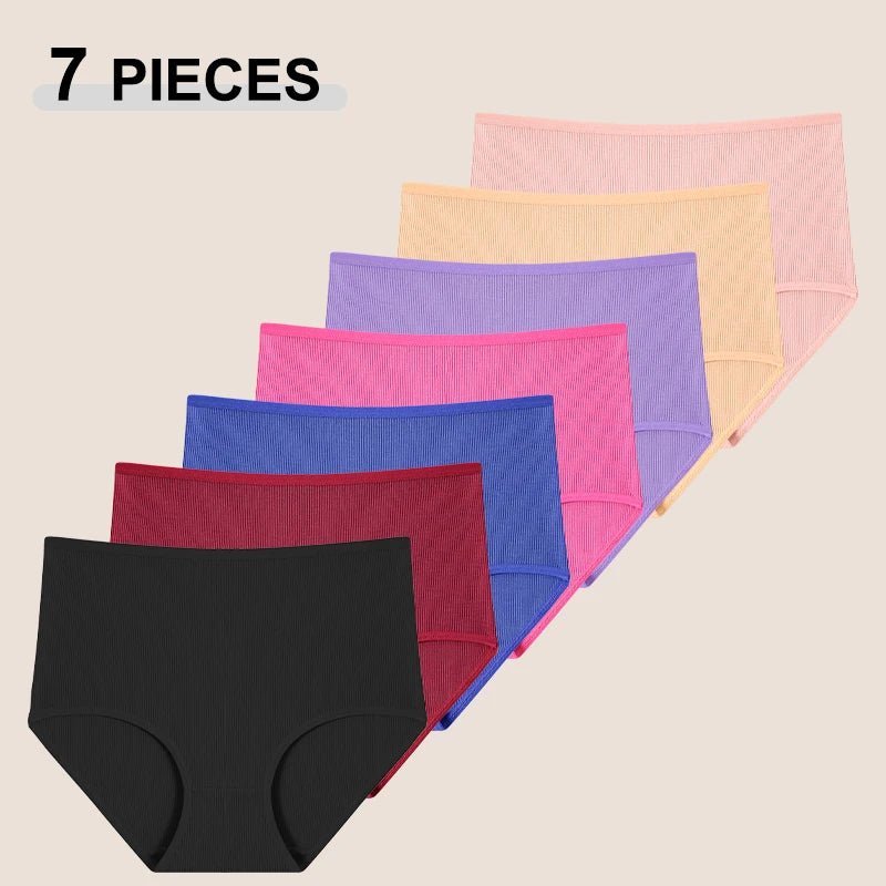 7Pcs Women’s Cotton Panties Solid Color Mid-Waist Briefs High Stretch Breathable Underwear S-2XL