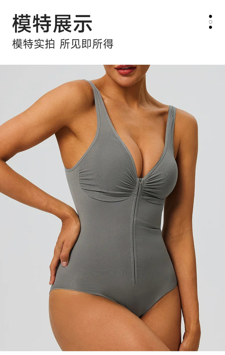 Seamless Shapewear Bodysuit – Tummy Control Compression One-Piece with Zipper & Adjustable Straps