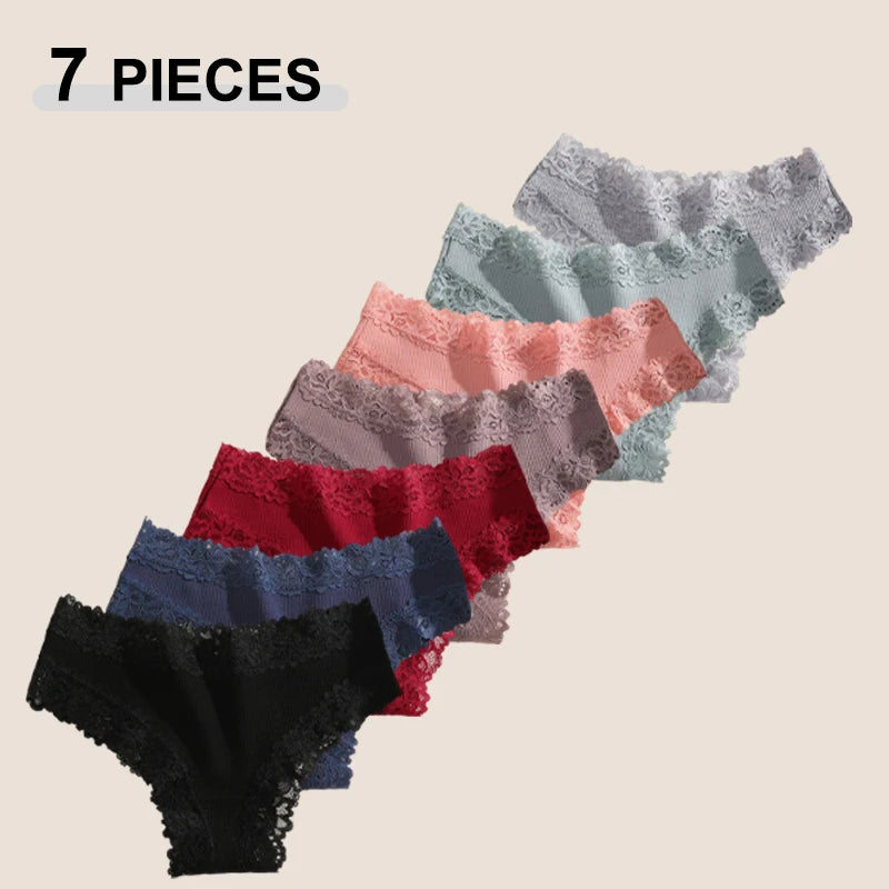 7Pcs Women’s Lace Cotton Panties Set Soft Seamless Low-Rise Brazilian Underwear S-XL