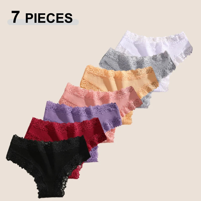 7Pcs Women’s Lace Cotton Panties Set Soft Seamless Low-Rise Brazilian Underwear S-XL