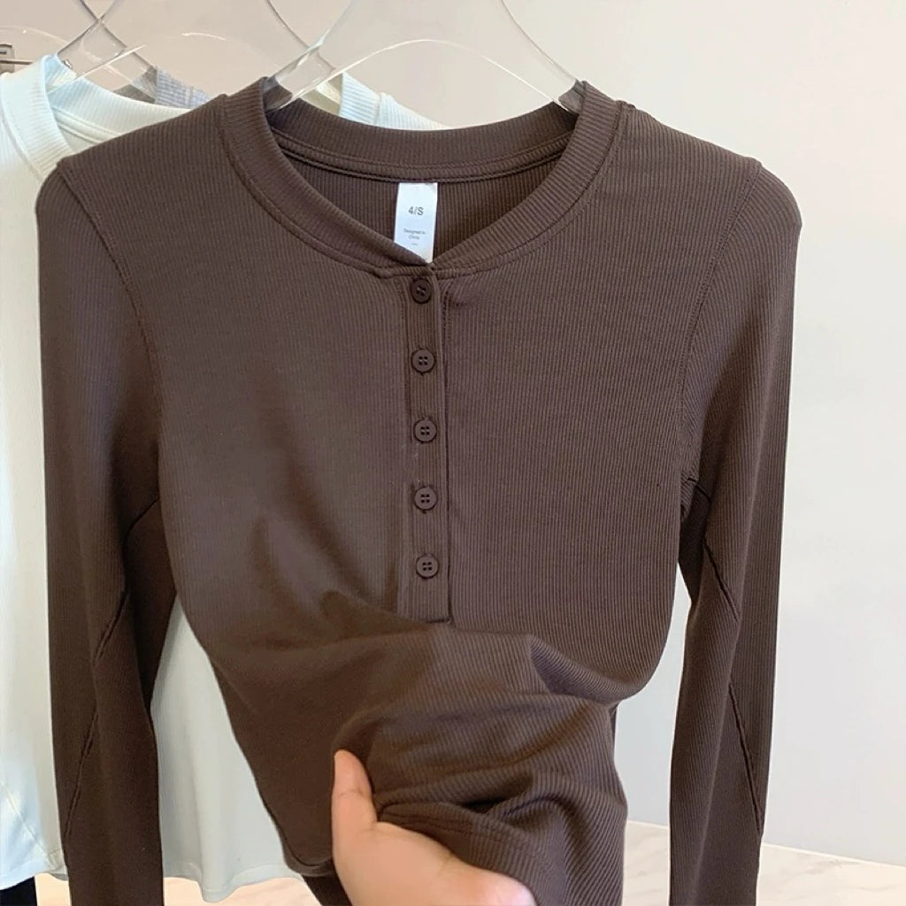Women’s Henley Sports Top – Long Sleeve Yoga & Running Training Shirt, Stretch Fitness Activewear
