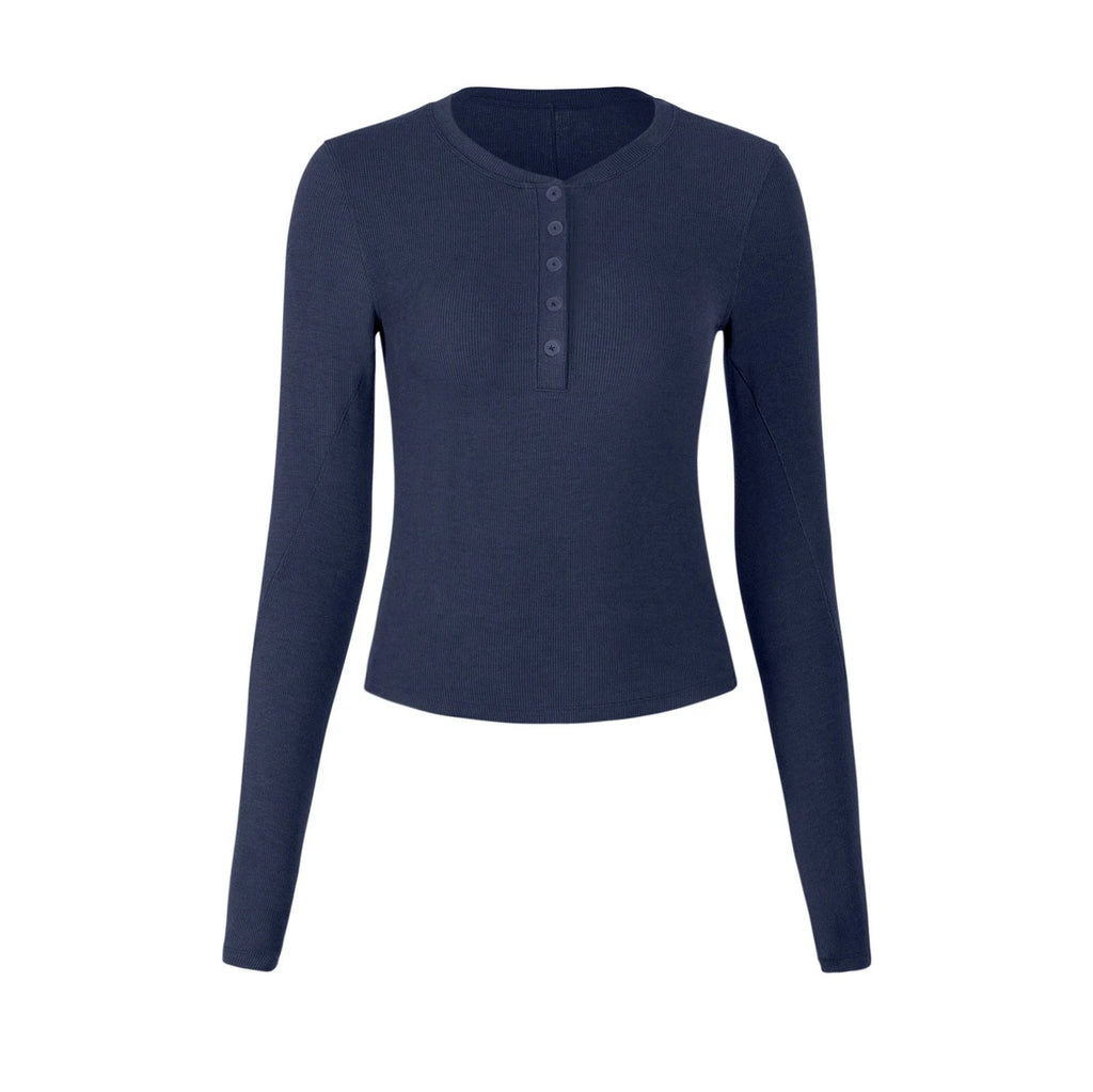 Women’s Henley Sports Top – Long Sleeve Yoga & Running Training Shirt, Stretch Fitness Activewear