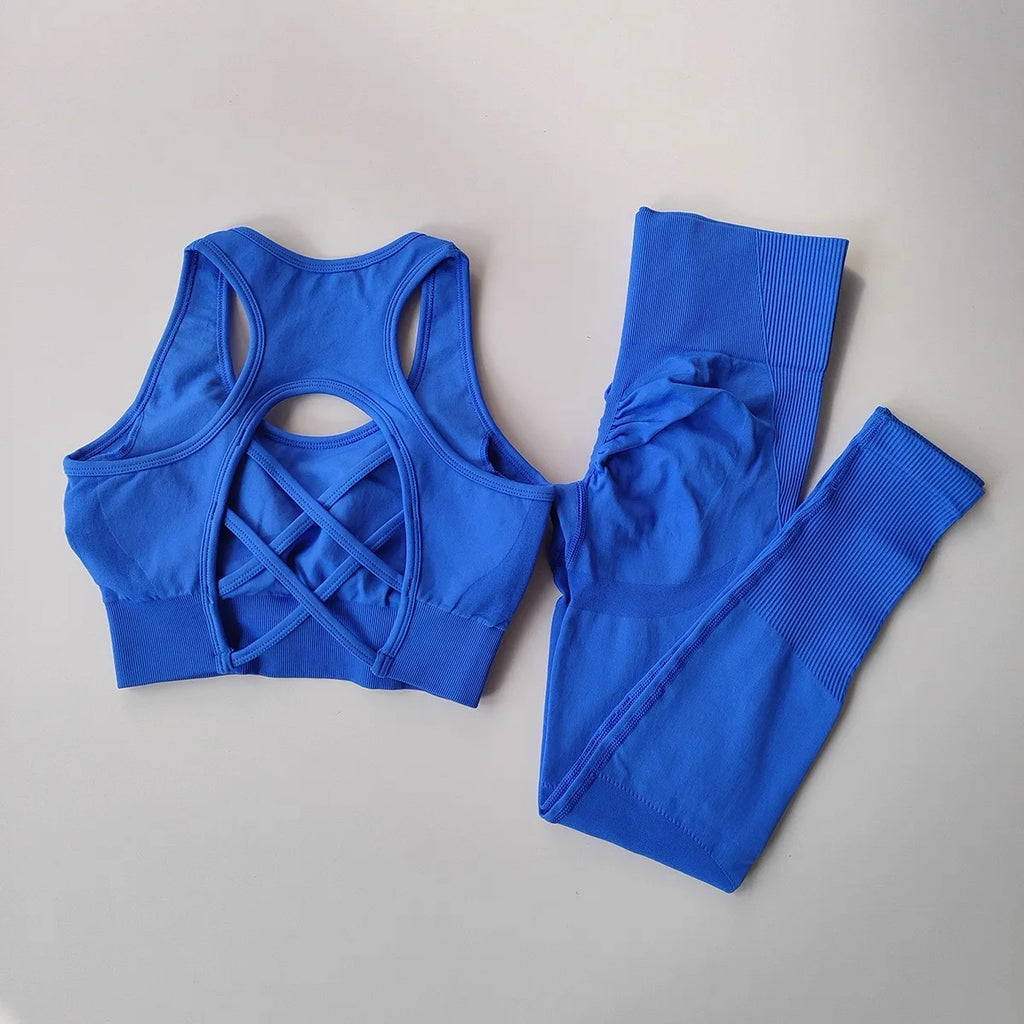 Women’s Open Back Workout Set – High Waist Yoga Leggings & Sports Bra Fitness Outfit