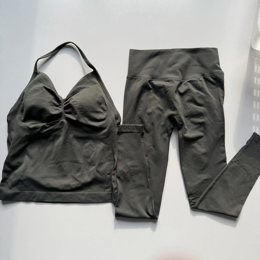Seamless 2PC Workout Set for Women | Strappy Sports Bra + High Waist Sculpt Leggings | TikTok Viral Gym Fit