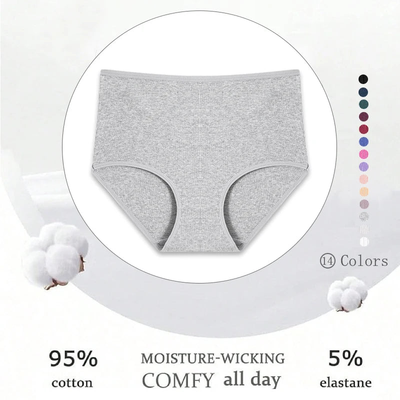 7Pcs Women’s Cotton Panties Solid Color Mid-Waist Briefs High Stretch Breathable Underwear S-2XL