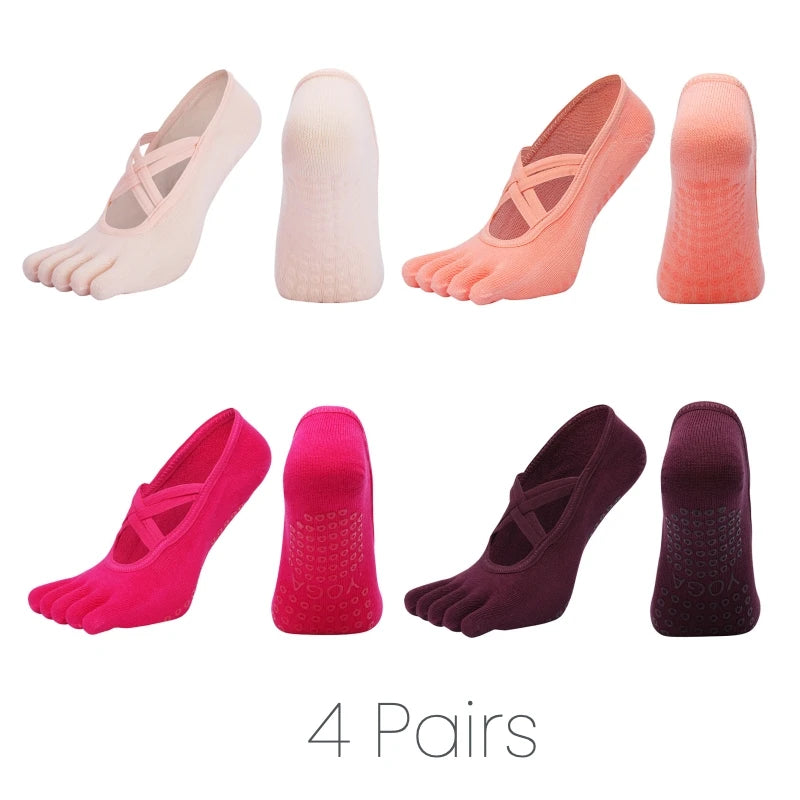 4 Pairs Women’s Five Toe Pilates Socks Anti Slip Silicone Grip Yoga Fitness Socks