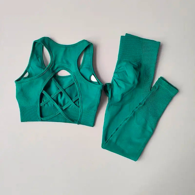 Women’s Open Back Workout Set – High Waist Yoga Leggings & Sports Bra Fitness Outfit